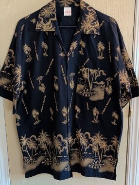 Vintage Island Expressions Men XL Caribbean Palm Print Short Sleeve Shirt Navy